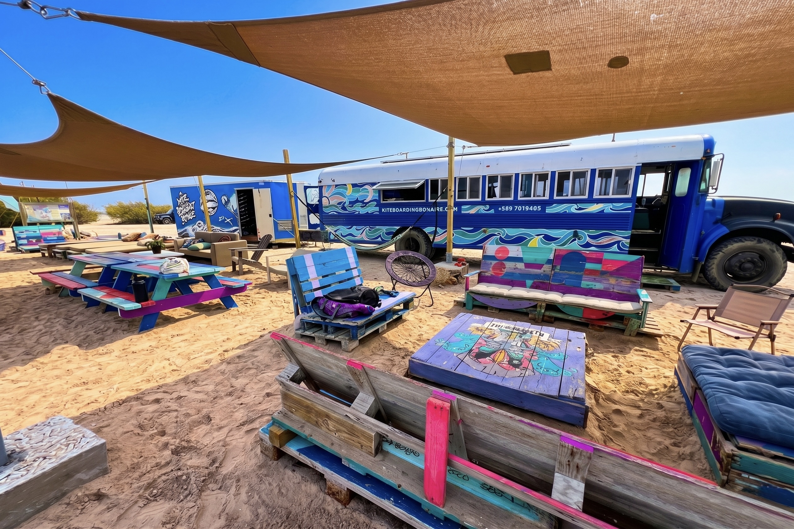 Chill area at Kiteboarding Bonaire Blue Bus